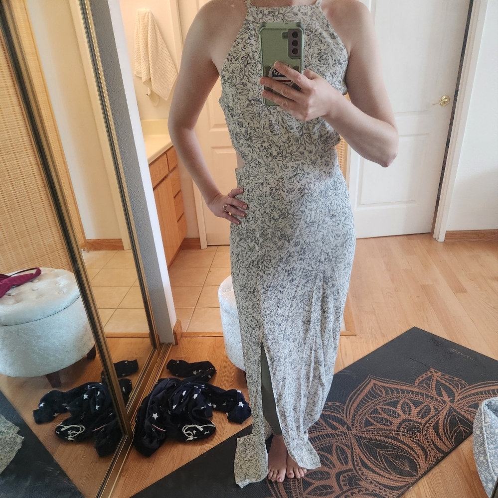 Backless Roe + May white/ivory and black floral maxi dress